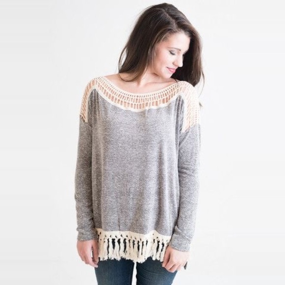 Tops - Crochet Lace Fringe Trim High Low Knit Top